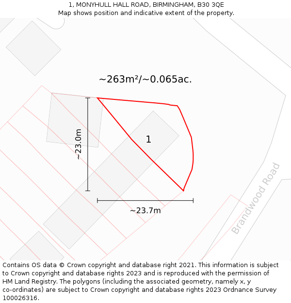 1, MONYHULL HALL ROAD, BIRMINGHAM, B30 3QE: Plot and title map