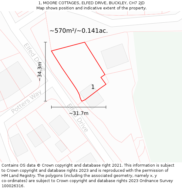 1, MOORE COTTAGES, ELFED DRIVE, BUCKLEY, CH7 2JD: Plot and title map