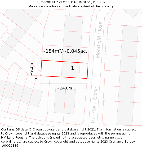 1, MOORFIELD CLOSE, DARLINGTON, DL1 4RX: Plot and title map