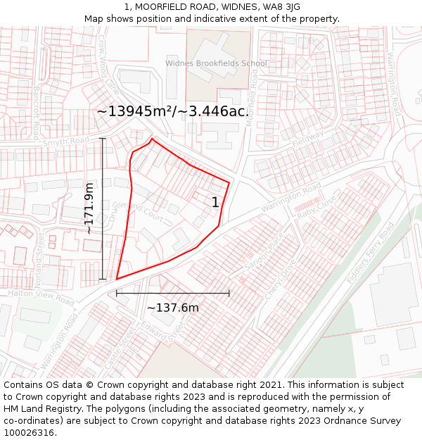 1, MOORFIELD ROAD, WIDNES, WA8 3JG: Plot and title map