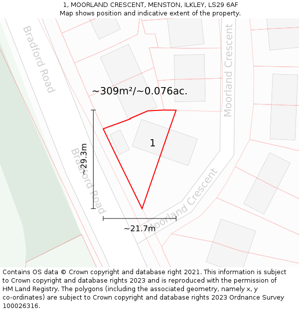 1, MOORLAND CRESCENT, MENSTON, ILKLEY, LS29 6AF: Plot and title map