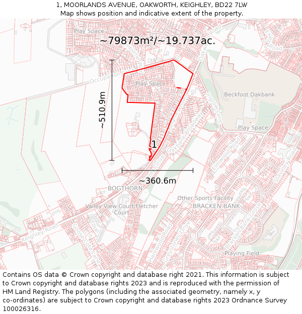 1, MOORLANDS AVENUE, OAKWORTH, KEIGHLEY, BD22 7LW: Plot and title map