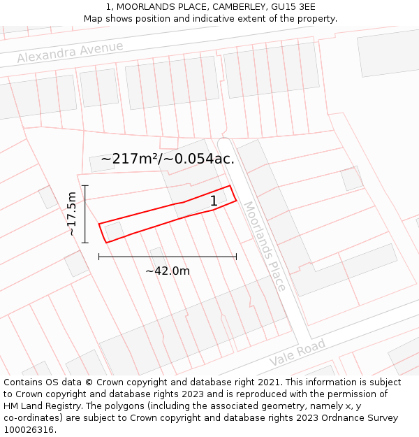 1, MOORLANDS PLACE, CAMBERLEY, GU15 3EE: Plot and title map