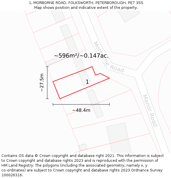 1, MORBORNE ROAD, FOLKSWORTH, PETERBOROUGH, PE7 3SS: Plot and title map