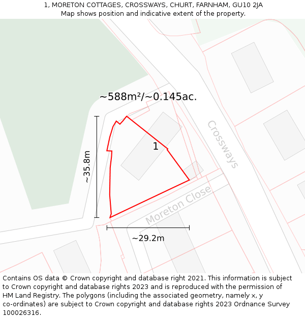 1, MORETON COTTAGES, CROSSWAYS, CHURT, FARNHAM, GU10 2JA: Plot and title map