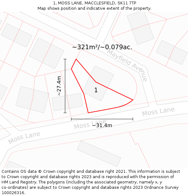 1, MOSS LANE, MACCLESFIELD, SK11 7TP: Plot and title map