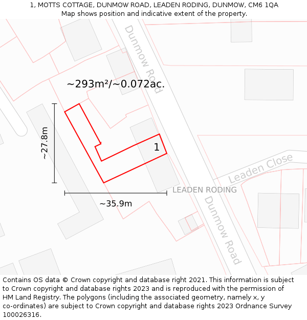 1, MOTTS COTTAGE, DUNMOW ROAD, LEADEN RODING, DUNMOW, CM6 1QA: Plot and title map