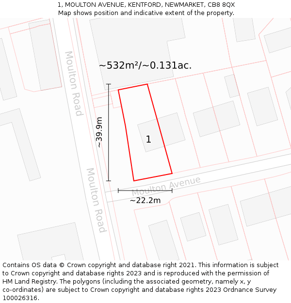 1, MOULTON AVENUE, KENTFORD, NEWMARKET, CB8 8QX: Plot and title map