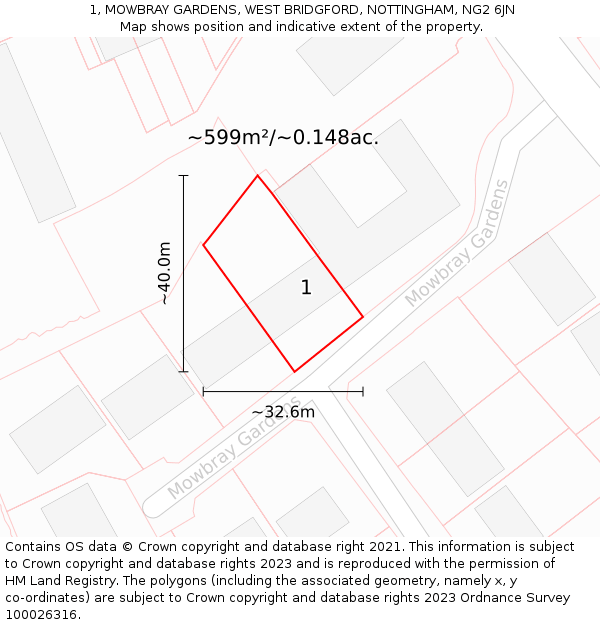 1, MOWBRAY GARDENS, WEST BRIDGFORD, NOTTINGHAM, NG2 6JN: Plot and title map