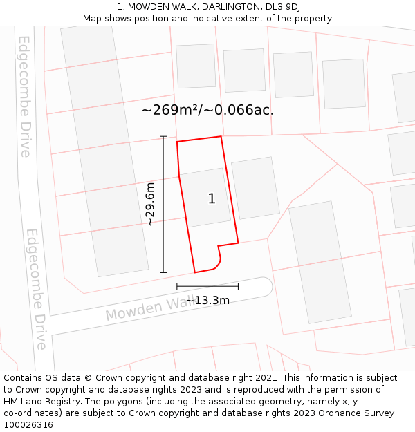 1, MOWDEN WALK, DARLINGTON, DL3 9DJ: Plot and title map