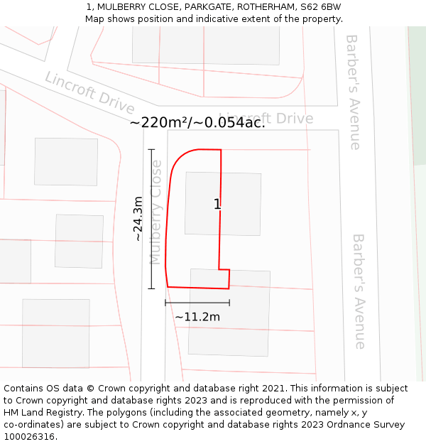 1, MULBERRY CLOSE, PARKGATE, ROTHERHAM, S62 6BW: Plot and title map