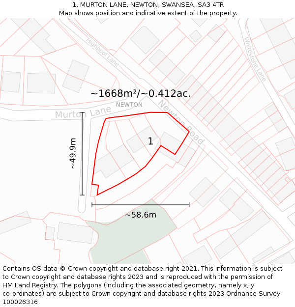 1, MURTON LANE, NEWTON, SWANSEA, SA3 4TR: Plot and title map