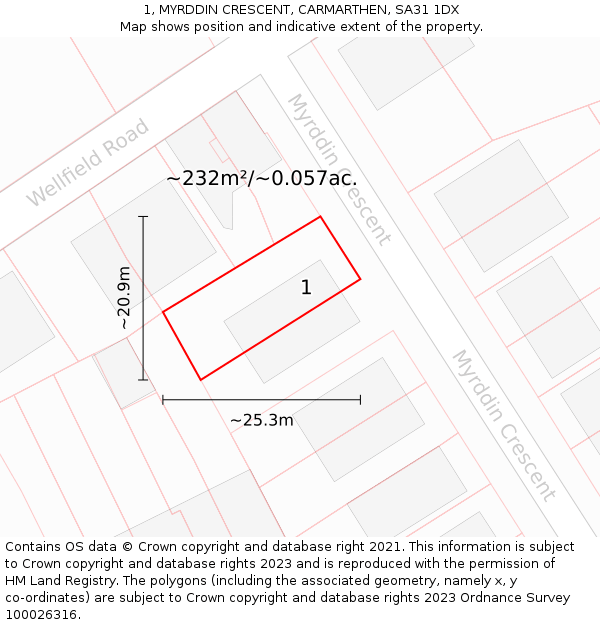 1, MYRDDIN CRESCENT, CARMARTHEN, SA31 1DX: Plot and title map