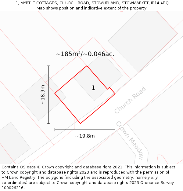 1, MYRTLE COTTAGES, CHURCH ROAD, STOWUPLAND, STOWMARKET, IP14 4BQ: Plot and title map