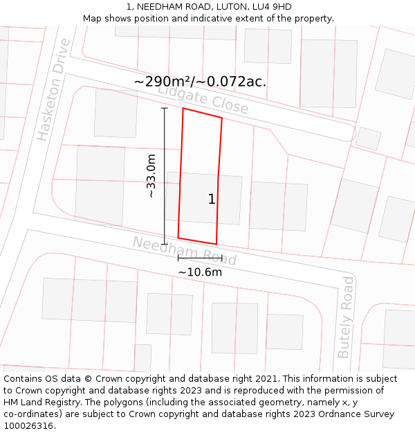 1, NEEDHAM ROAD, LUTON, LU4 9HD: Plot and title map