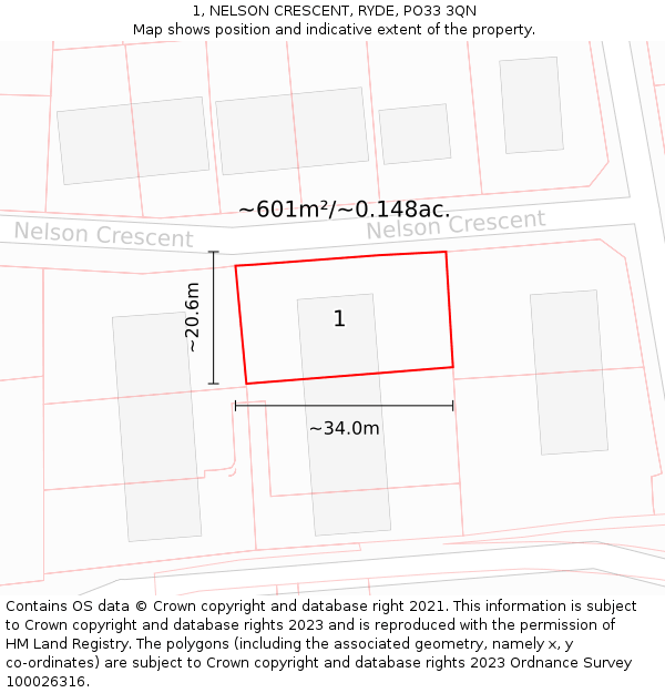 1, NELSON CRESCENT, RYDE, PO33 3QN: Plot and title map