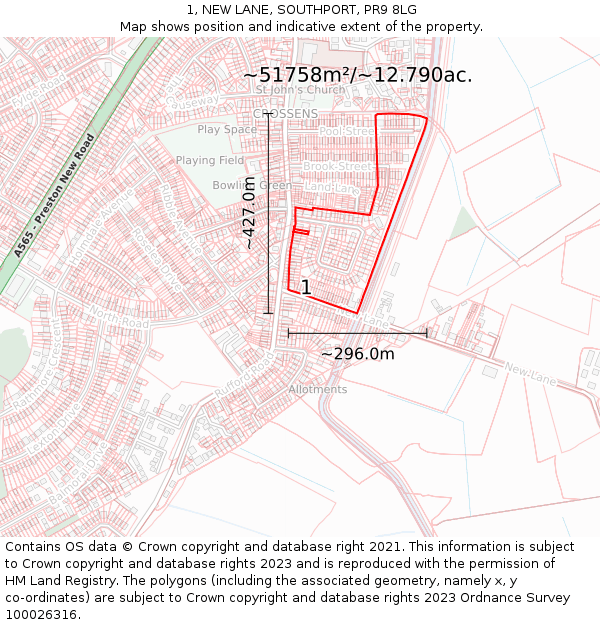 1, NEW LANE, SOUTHPORT, PR9 8LG: Plot and title map