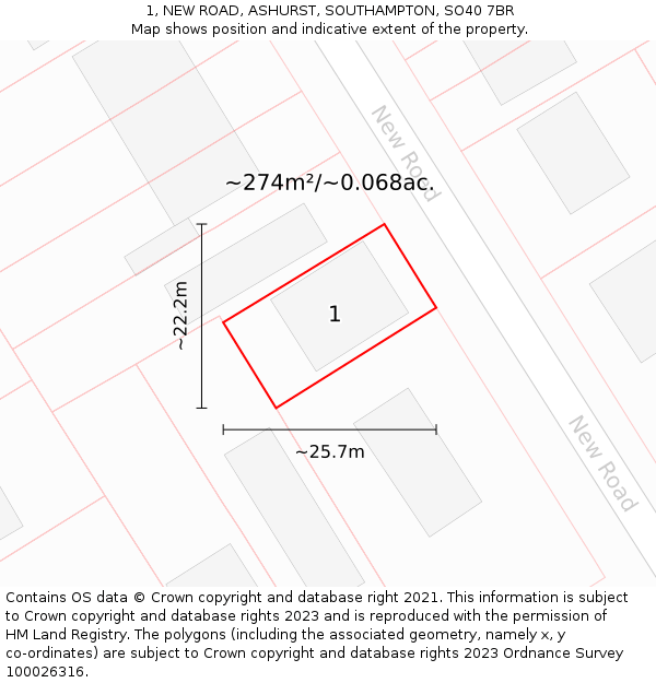 1, NEW ROAD, ASHURST, SOUTHAMPTON, SO40 7BR: Plot and title map