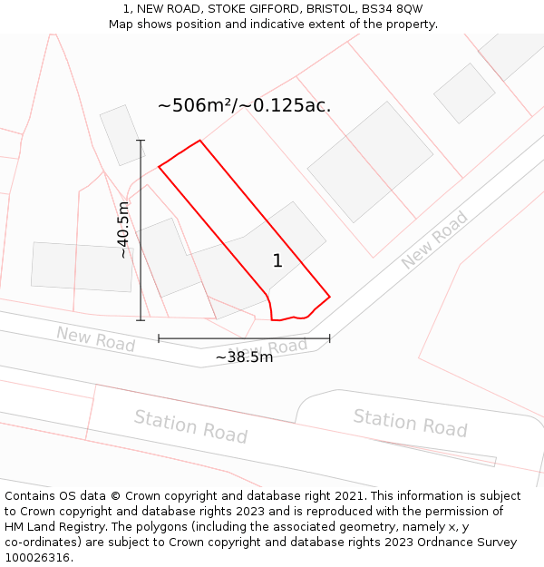 1, NEW ROAD, STOKE GIFFORD, BRISTOL, BS34 8QW: Plot and title map