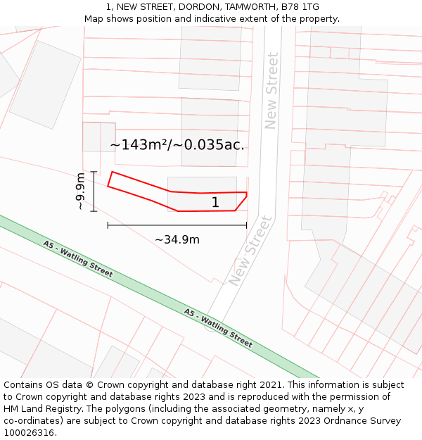 1, NEW STREET, DORDON, TAMWORTH, B78 1TG: Plot and title map