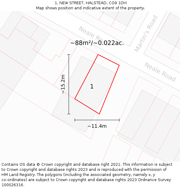 1, NEW STREET, HALSTEAD, CO9 1DH: Plot and title map