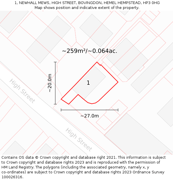 1, NEWHALL MEWS, HIGH STREET, BOVINGDON, HEMEL HEMPSTEAD, HP3 0HG: Plot and title map