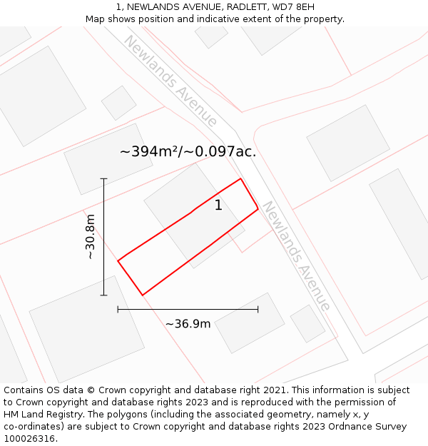 1, NEWLANDS AVENUE, RADLETT, WD7 8EH: Plot and title map