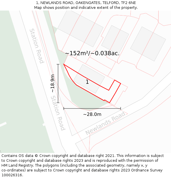 1, NEWLANDS ROAD, OAKENGATES, TELFORD, TF2 6NE: Plot and title map