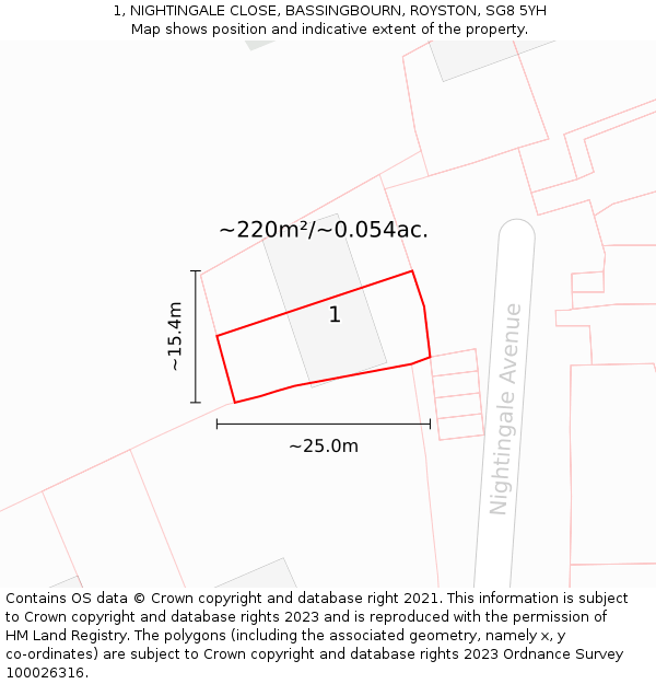 1, NIGHTINGALE CLOSE, BASSINGBOURN, ROYSTON, SG8 5YH: Plot and title map