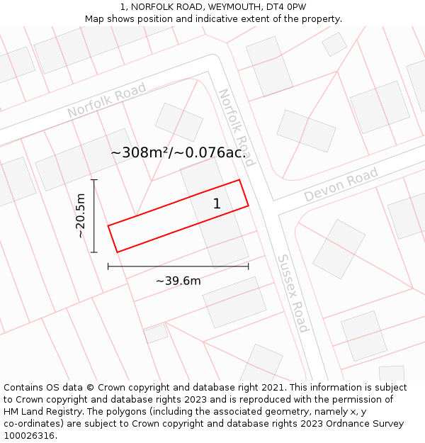 1, NORFOLK ROAD, WEYMOUTH, DT4 0PW: Plot and title map