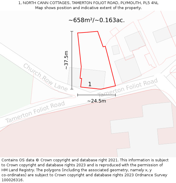 1, NORTH CANN COTTAGES, TAMERTON FOLIOT ROAD, PLYMOUTH, PL5 4NL: Plot and title map