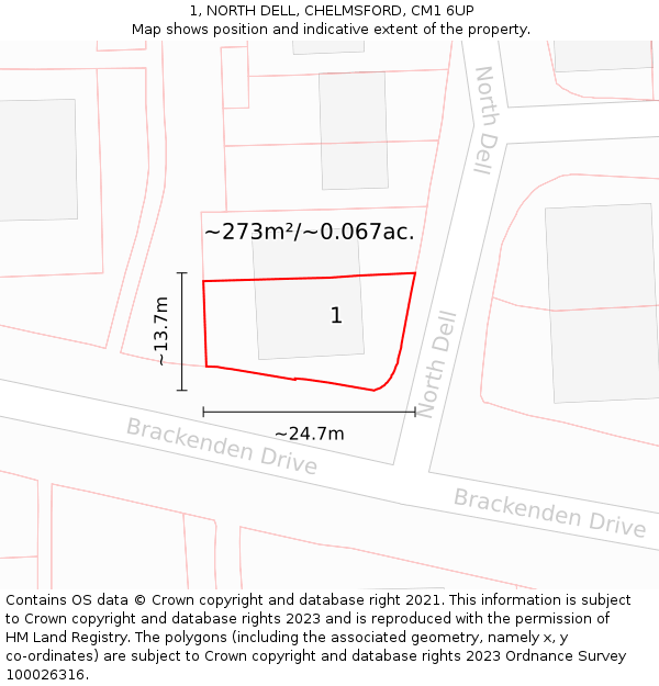 1, NORTH DELL, CHELMSFORD, CM1 6UP: Plot and title map