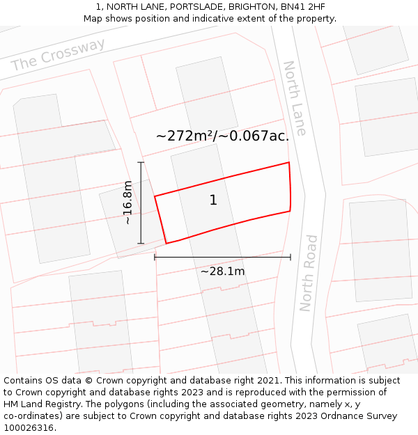 1, NORTH LANE, PORTSLADE, BRIGHTON, BN41 2HF: Plot and title map