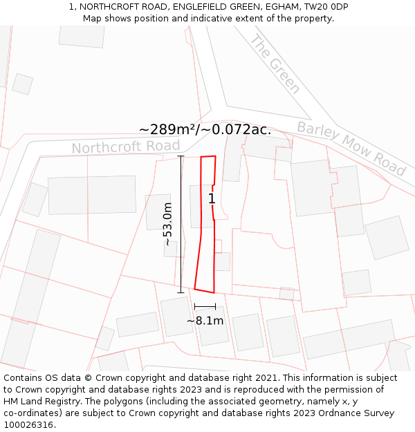 1, NORTHCROFT ROAD, ENGLEFIELD GREEN, EGHAM, TW20 0DP: Plot and title map