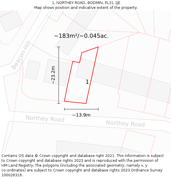 1, NORTHEY ROAD, BODMIN, PL31 1JE: Plot and title map