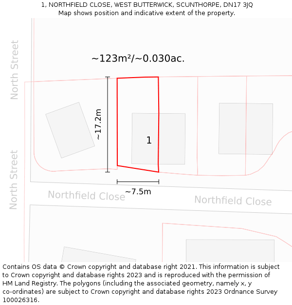 1, NORTHFIELD CLOSE, WEST BUTTERWICK, SCUNTHORPE, DN17 3JQ: Plot and title map