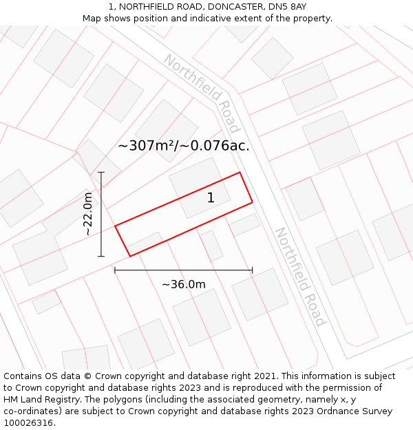 1, NORTHFIELD ROAD, DONCASTER, DN5 8AY: Plot and title map