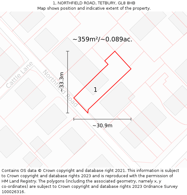 1, NORTHFIELD ROAD, TETBURY, GL8 8HB: Plot and title map