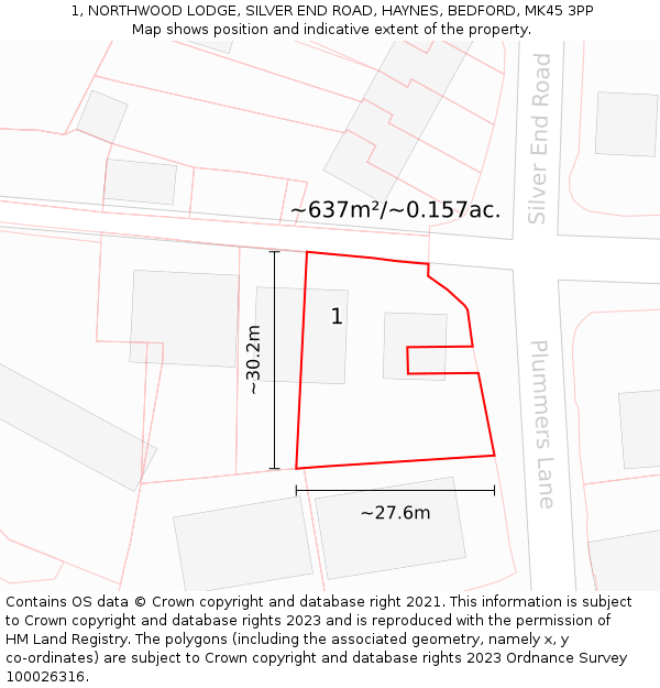 1, NORTHWOOD LODGE, SILVER END ROAD, HAYNES, BEDFORD, MK45 3PP: Plot and title map