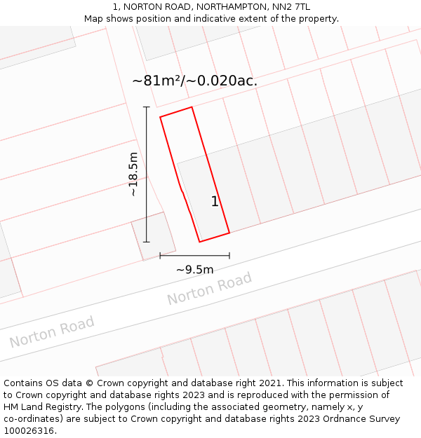 1, NORTON ROAD, NORTHAMPTON, NN2 7TL: Plot and title map