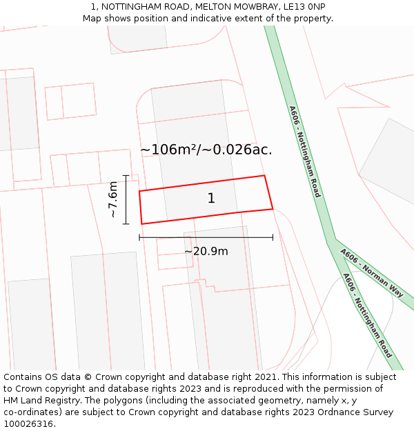 1, NOTTINGHAM ROAD, MELTON MOWBRAY, LE13 0NP: Plot and title map