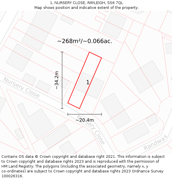 1, NURSERY CLOSE, RAYLEIGH, SS6 7QL: Plot and title map