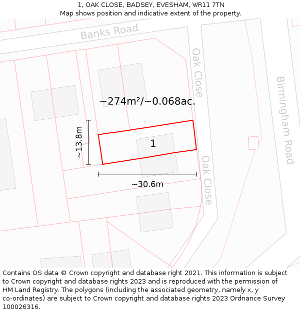 1, OAK CLOSE, BADSEY, EVESHAM, WR11 7TN: Plot and title map