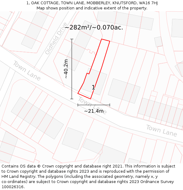 1, OAK COTTAGE, TOWN LANE, MOBBERLEY, KNUTSFORD, WA16 7HJ: Plot and title map