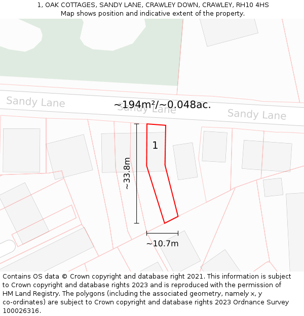 1, OAK COTTAGES, SANDY LANE, CRAWLEY DOWN, CRAWLEY, RH10 4HS: Plot and title map