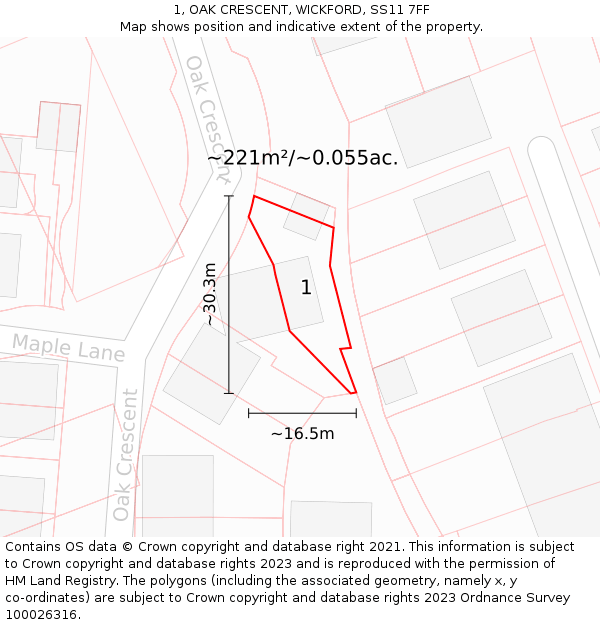 1, OAK CRESCENT, WICKFORD, SS11 7FF: Plot and title map