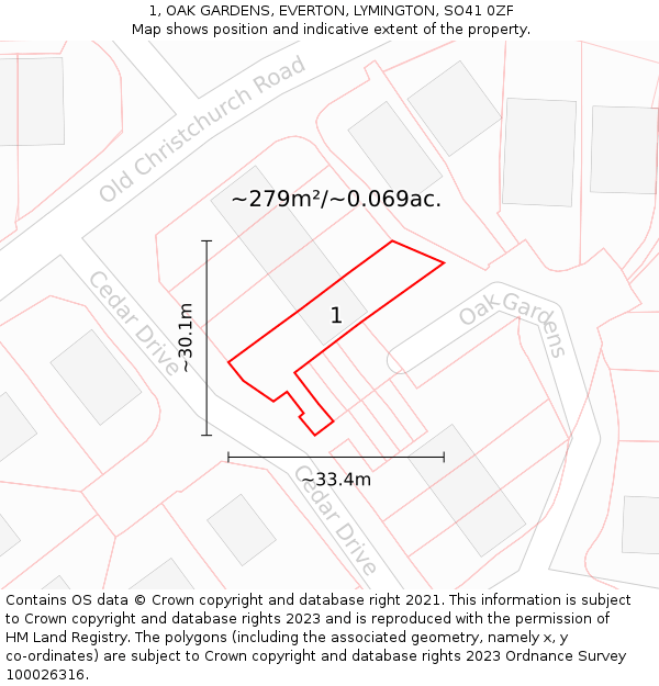 1, OAK GARDENS, EVERTON, LYMINGTON, SO41 0ZF: Plot and title map