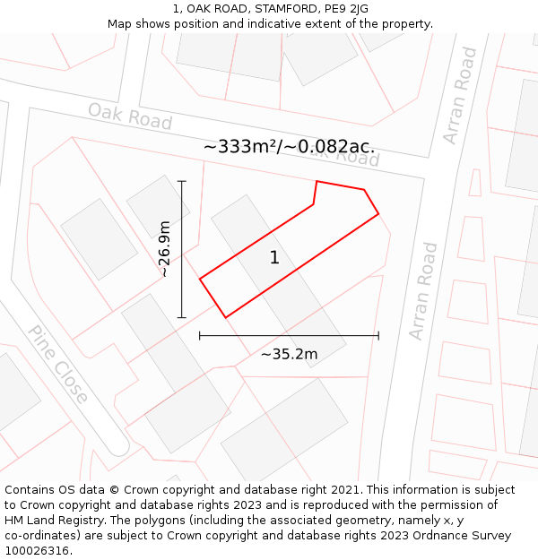 1, OAK ROAD, STAMFORD, PE9 2JG: Plot and title map