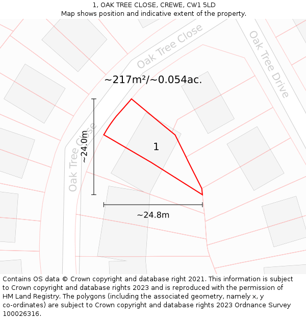 1, OAK TREE CLOSE, CREWE, CW1 5LD: Plot and title map