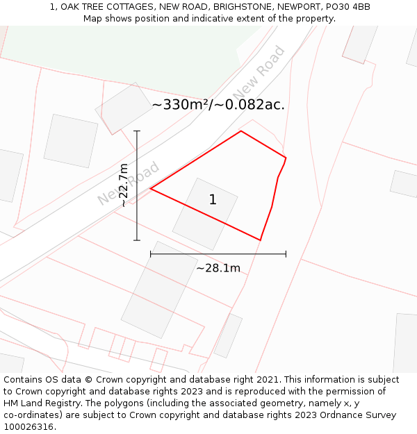 1, OAK TREE COTTAGES, NEW ROAD, BRIGHSTONE, NEWPORT, PO30 4BB: Plot and title map